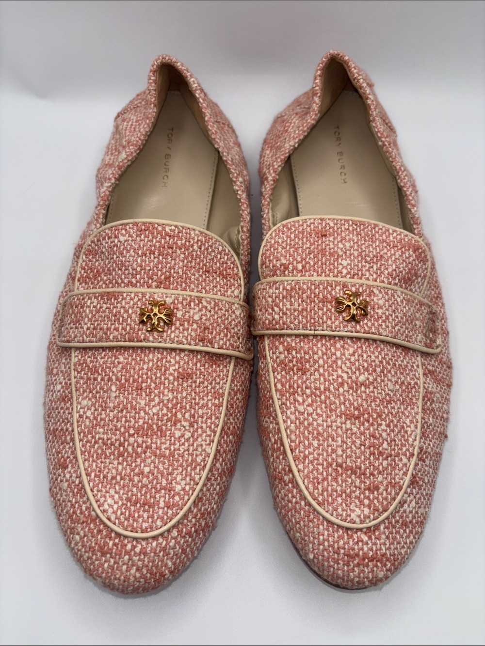 Tory Burch Coral Pink Tweed Loafers with Gold Logo